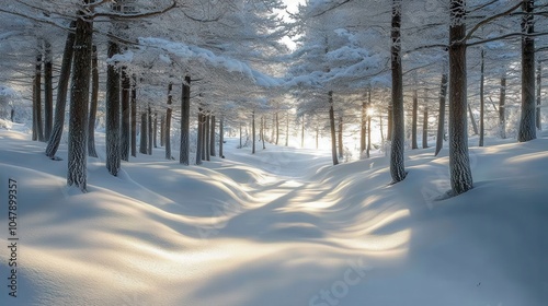 Serene Winter Wonderland with Sunlight Streaming Through Snow-Covered Trees in a Tranquil Forest Landscape