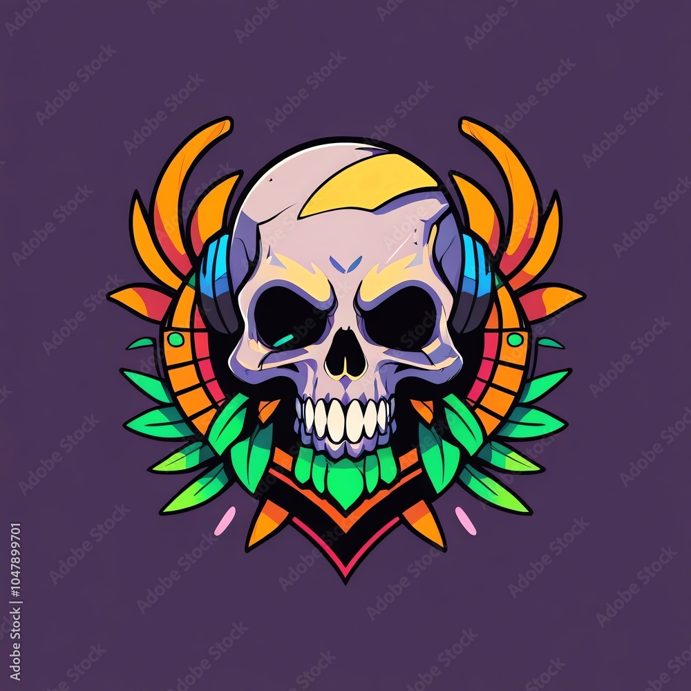 Skull Logo with Headphones and Tropical Design Skull Logo with Headphones and Tropical Design