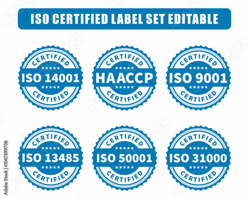 Iso label set vector icon, iso 14001, iso 9001, iso 13485, iso 50001, iso 31000