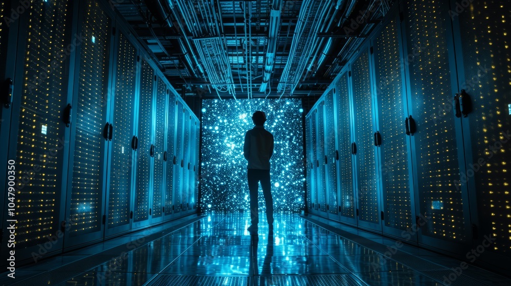 Data Center CTO with Laptop Amidst Servers in Hyper Realistic Setting, Digital Information Flow, Cloud and AI Innovation