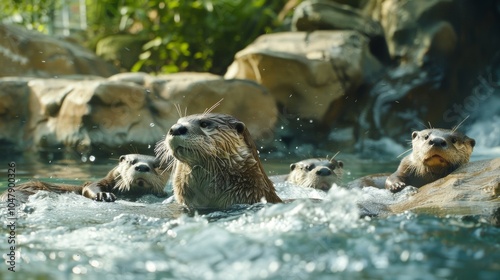 Lively group of river otters play and swim in the water on a sunny day, embodying the essence of wildlife in their natural habitat