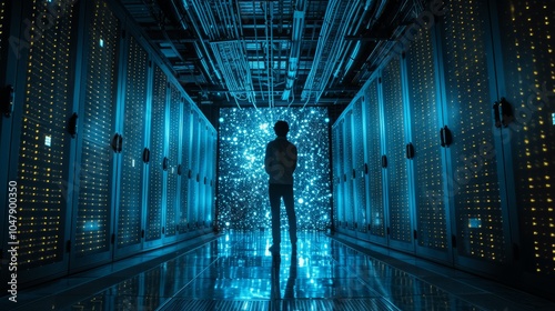 Obraz na płótnie Data Center CTO with Laptop Amidst Servers in Hyper Realistic Setting, Digital Information Flow, Cloud and AI Innovation w salonie