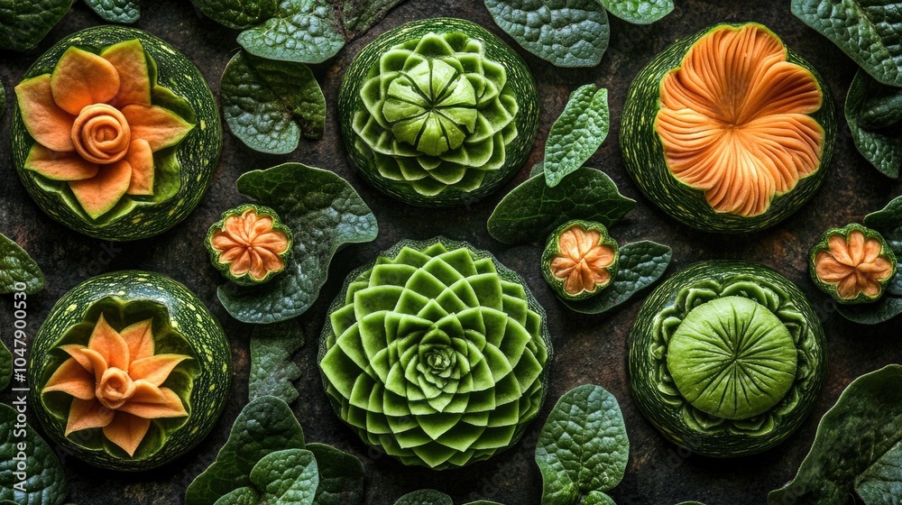 Beautifully Carved Vegetables and Leaves Display Beautifully Carved Vegetables and Leaves Display