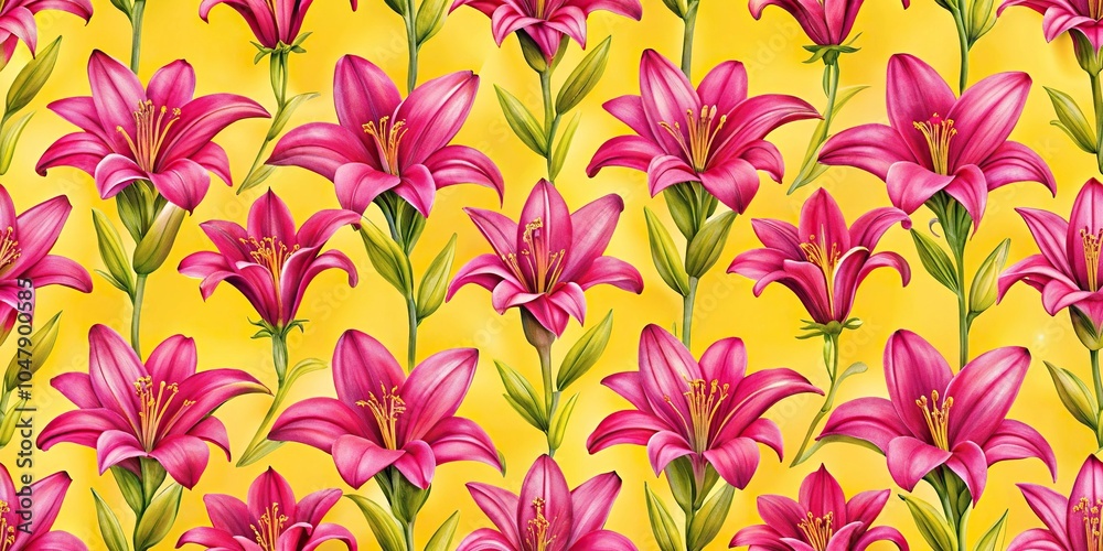 Symmetrical Seamless botanical pattern with magenta lily flowers on vivid yellow background Symmetrical Seamless botanical pattern with magenta lily flowers on vivid yellow background
