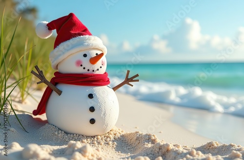 Winter In Florida. Sandy Christmas Decoration: Snowman on Beach with Santa Claus Theme