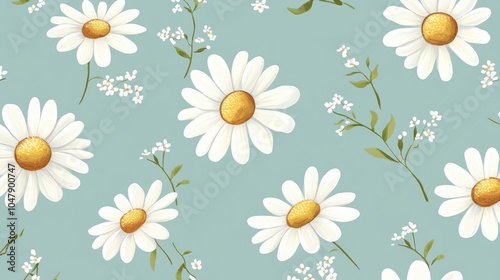 Floral Pattern with White Daisies on Blue Background