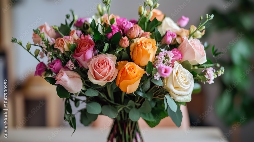 Obraz premium Radiant Rose Bouquet: A captivating arrangement of peach, pink, and ivory roses, accented with delicate fillers, creates a breathtaking floral masterpiece. Perfect for celebrating love, anniversaries.