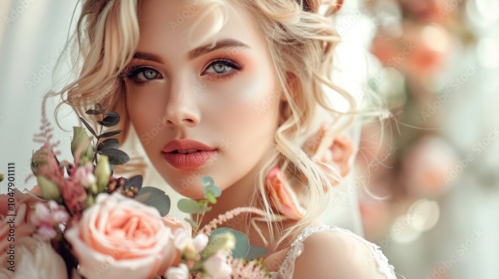 Portrait of a beautiful bride with a bouquet of flowers, curly blonde hair and fashionable makeup. Portrait of a beautiful bride with a bouquet of flowers, curly blonde hair and fashionable makeup.