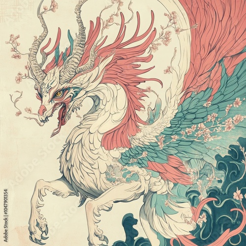 Crimson Dragon's Embrace: A majestic, mythical dragon, adorned with cherry blossoms and teal wings, emerges from ocean waves in a breathtaking illustration.  Its powerful presence commands attention.