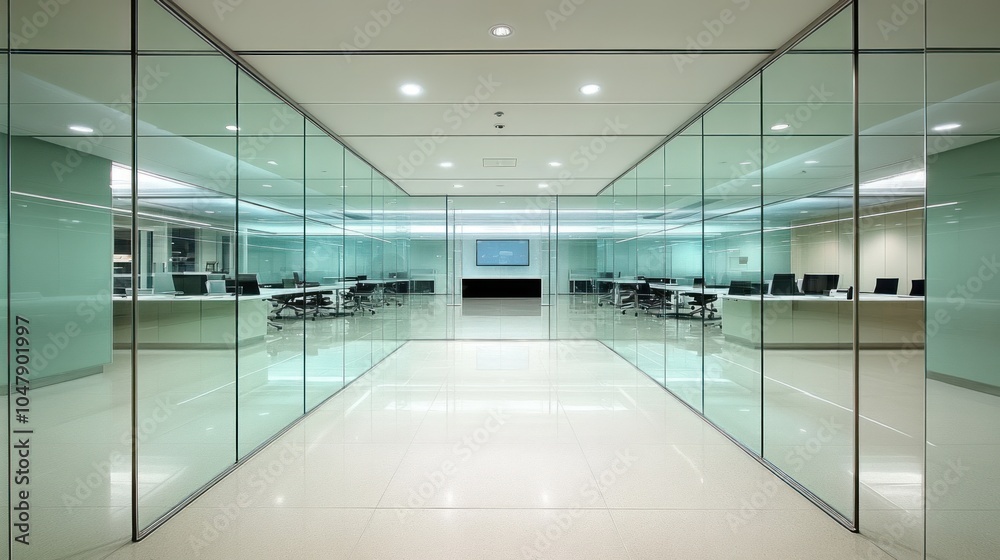 Obraz premium A long, empty corridor in a modern office building with glass walls and white tile floors.