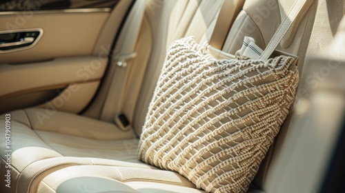 Beige Pillow Resting on a White Leather Car Seat