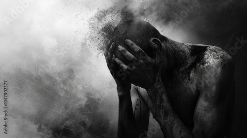 Artwork Man Holding Head, Dealing with Deep Trauma, Mental Condition, Depression, Anxiety,