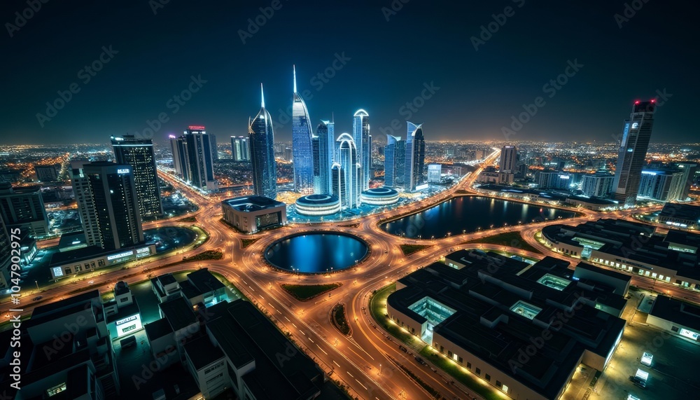 Fototapeta premium Vibrant cityscape at night illuminated by bright lights and bustling with activity