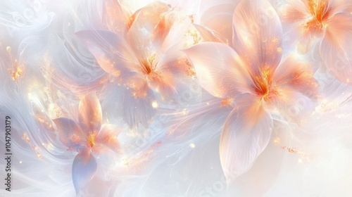Elegant spring abstract with swirling flowers and soft glowing light in pastel hues, isolated on white
