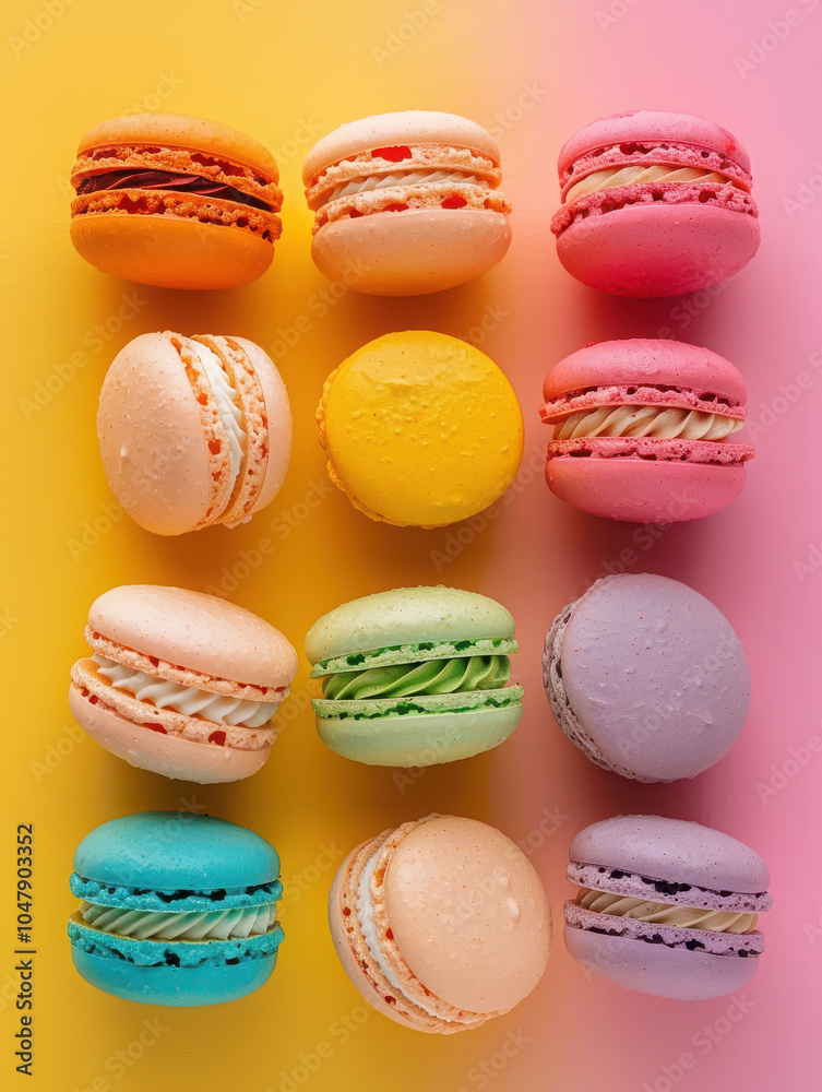 Obraz premium A colorful arrangement of macarons on a vibrant background.