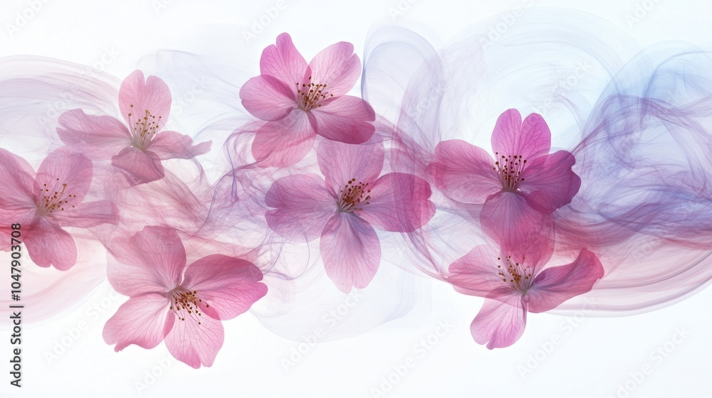 Obraz premium Soft spring abstract background with blooming cherry blossoms and swirling pastel light trails, isolated on white