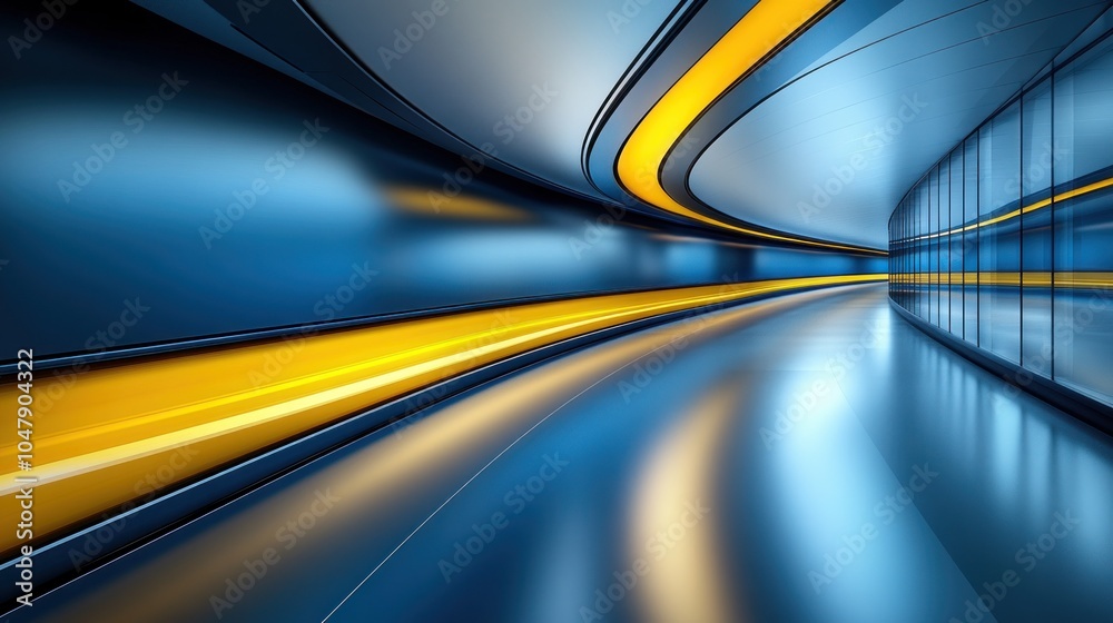 Futuristic blue and yellow corridor with glass walls and glowing lines. Futuristic blue and yellow corridor with glass walls and glowing lines.