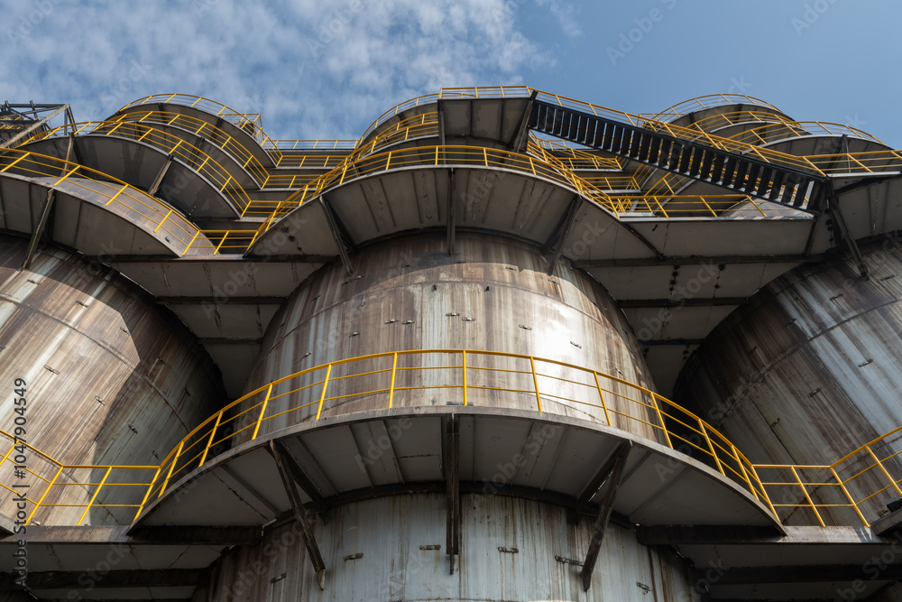 Fototapeta premium Tall equipment at the steel plant under the blue sky.