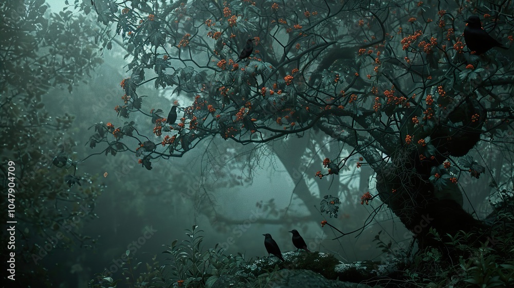 Enchanted Forest: Crows Perched on a Misty Tree Enchanted Forest: Crows Perched on a Misty Tree