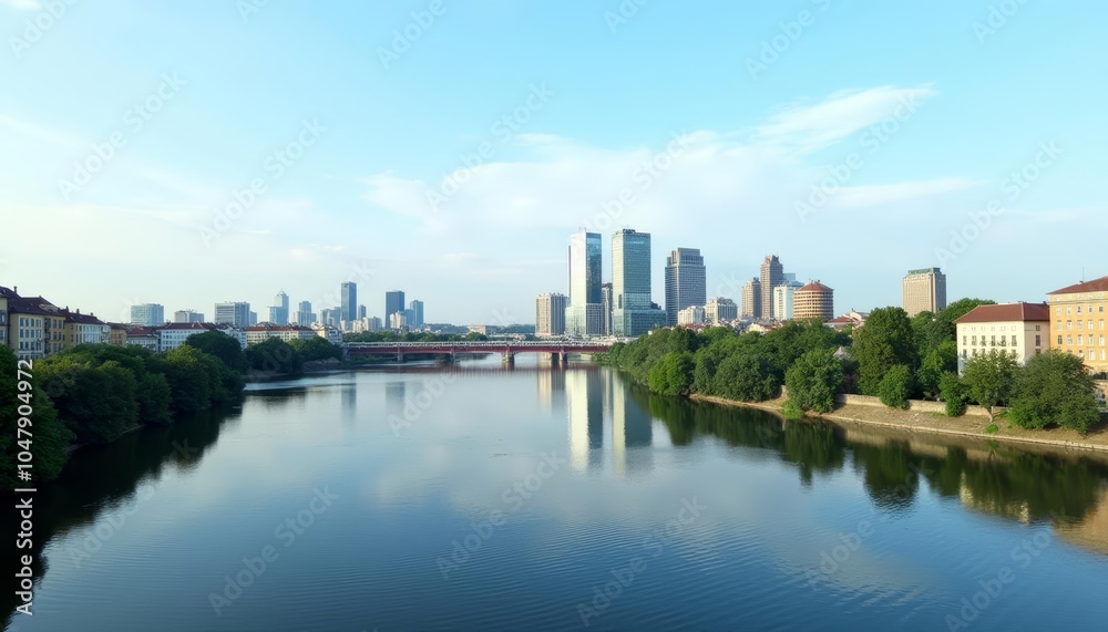 Elegant cityscape with serene river view Elegant cityscape with serene river view