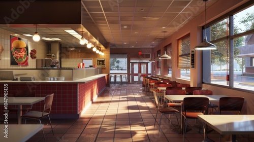 Modern and comfortable fast food restaurant interior.