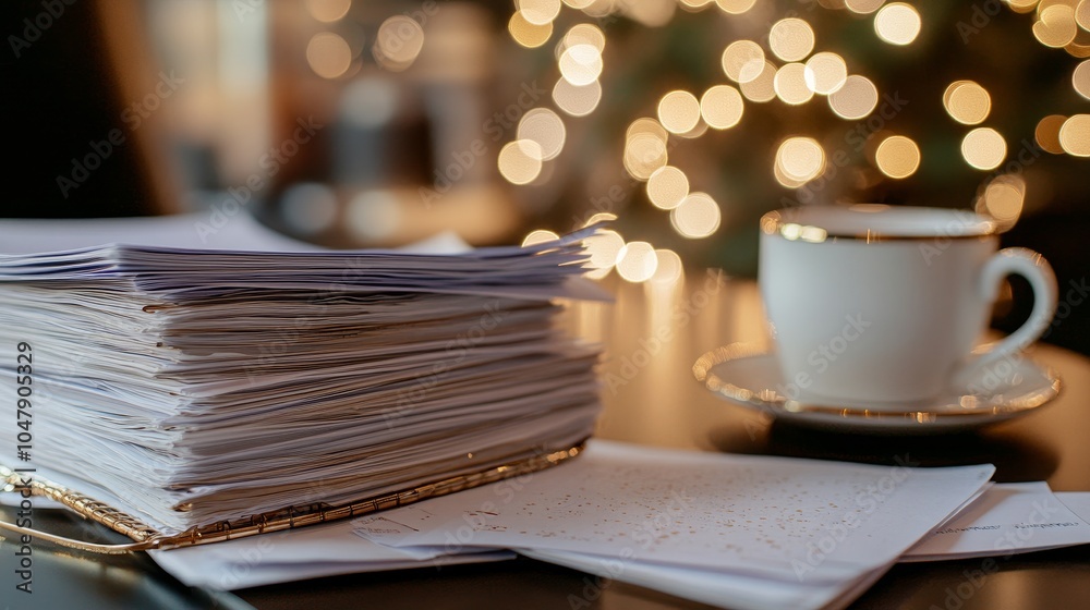 A cozy workspace with stacked papers, a cup of coffee, and a festive background. A cozy workspace with stacked papers, a cup of coffee, and a festive background.