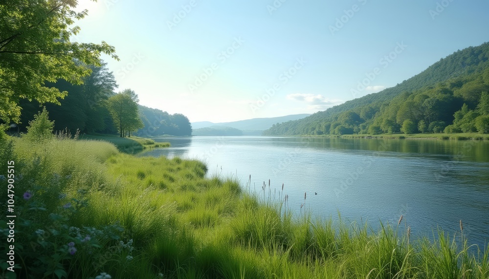 Obraz premium Tranquil River Scenery A serene landscape of natures beauty
