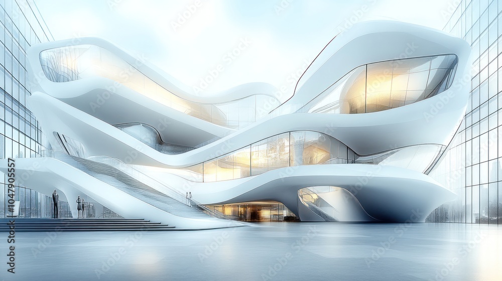 Fototapeta premium Futuristic white building with curved lines and large windows.