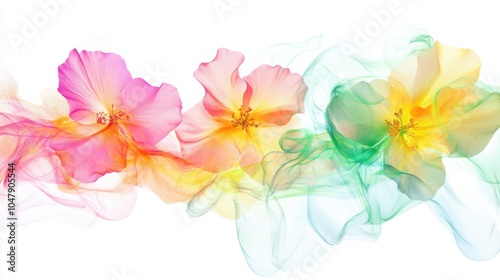 Spring abstract with glowing flowers and swirling light trails in pink, yellow, and green, isolated on white