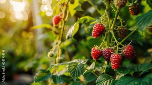 Raspberry orchard concept of organic farming and healthy food.