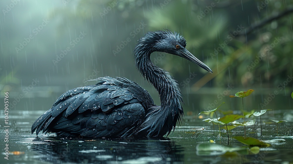 Black Heron in the Rain: A Stunning Wildlife Photograph Black Heron in the Rain: A Stunning Wildlife Photograph