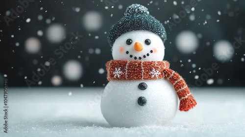 A white snowman with a glittering scarf, softly glowing, surrounded by falling snowflakes, closeup