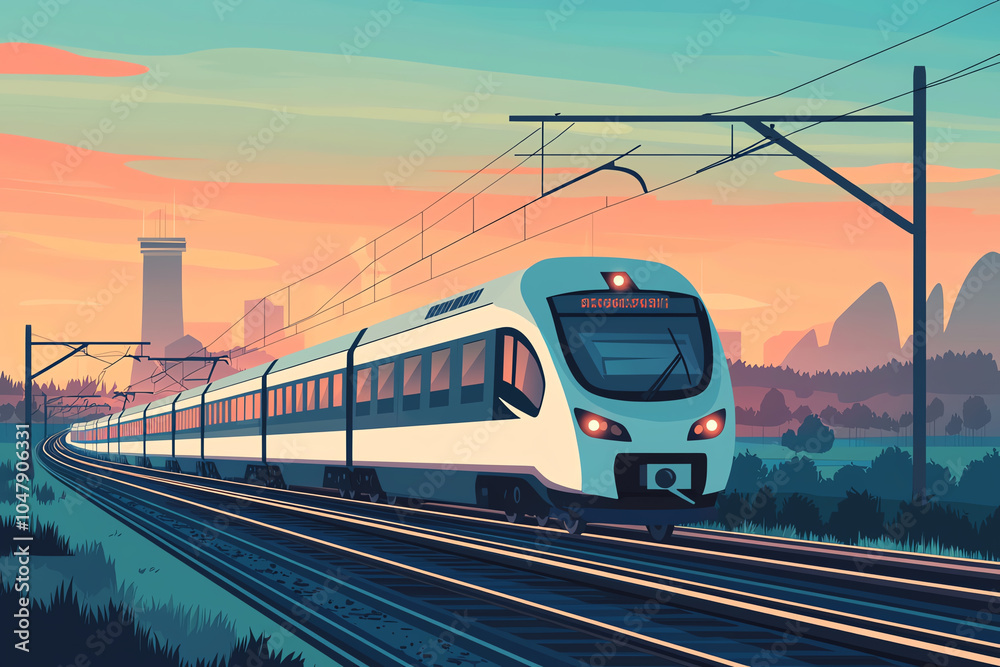 Solarpowered highspeed train moving through a green landscape, ecofriendly infrastructure development, vibrant colors Solarpowered highspeed train moving through a green landscape, ecofriendly infrastructure development, vibrant colors