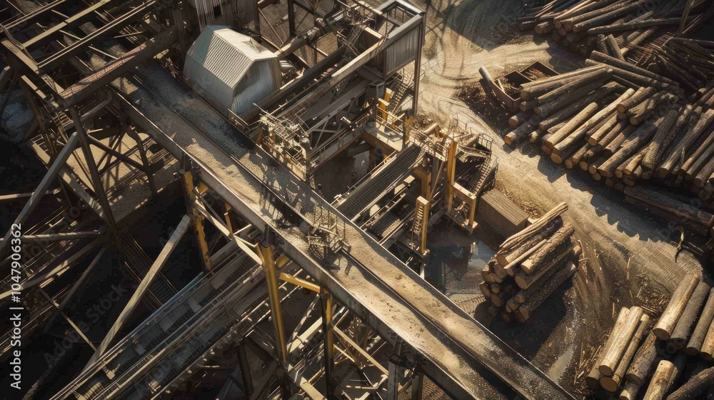 Aerial View of a Wood Processing Plant with Conveyor Belts and Logs Aerial View of a Wood Processing Plant with Conveyor Belts and Logs