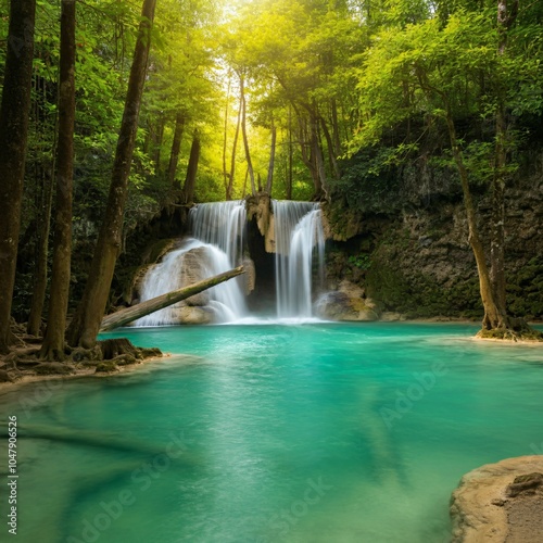 Turquoise waterfall cascading into a lush green forest
