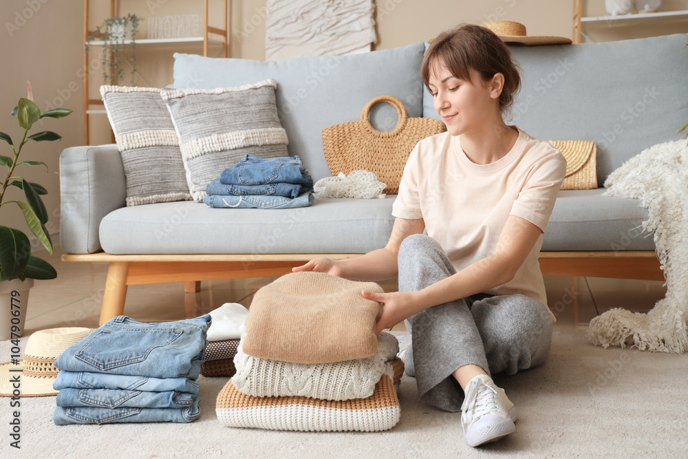 Woman folding clean clothes while sitting on floor at home Woman folding clean clothes while sitting on floor at home