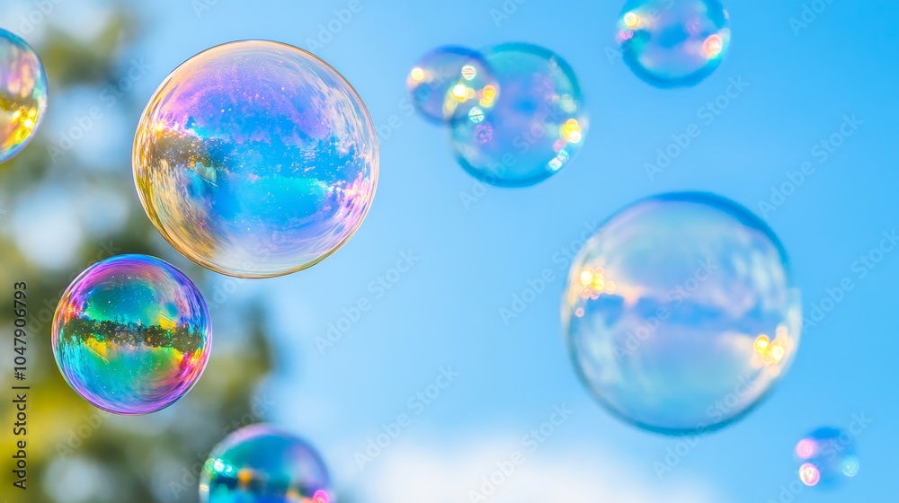 Colorful soap bubbles floating against a blue sky, creating a whimsical and cheerful atmosphere. Colorful soap bubbles floating against a blue sky, creating a whimsical and cheerful atmosphere.