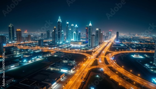  Vibrant cityscape at night illuminated by bright lights and bustling traffic