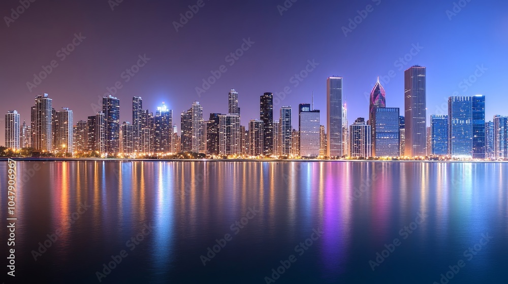 Fototapeta premium A stunning skyline view of a city at night reflecting on water, showcasing urban architecture and lights.