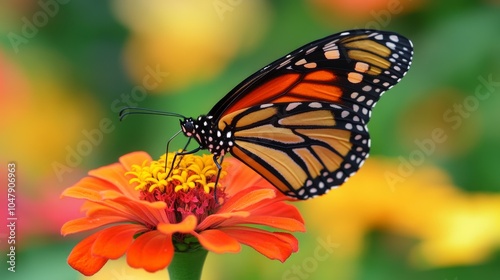 A vibrant monarch butterfly perched on a bright orange flower, showcasing nature's beauty.