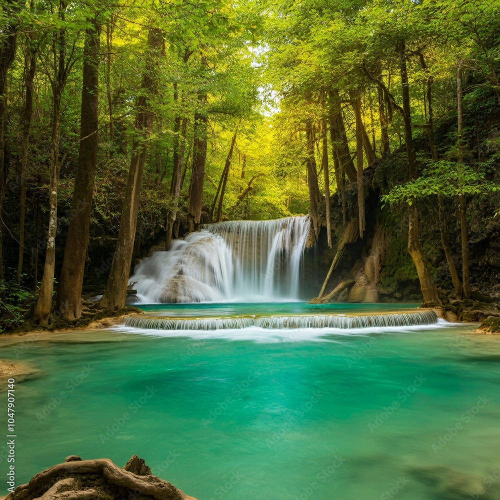Turquoise waterfall cascading into a lush green forest Turquoise waterfall cascading into a lush green forest