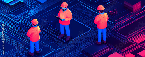 Engineers working on a hightech transportation network, symbolizing urban infrastructure and modernization, organized layout
