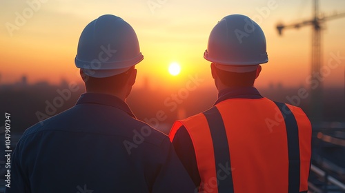 Engineers inspecting a modern bridge under construction, symbolizing infrastructure development, sunset lighting