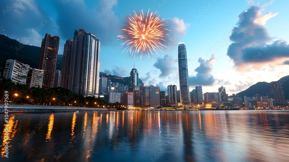 Obraz premium Dazzling fireworks display illuminating the night sky with a vibrant array of colors over a picturesque urban skyline and festival concept