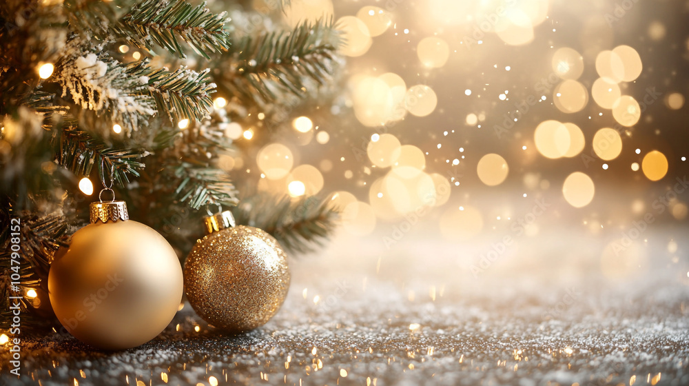 Fototapeta premium Golden Christmas Ornaments on a Glowing Tree Background. A festive scene featuring sparkling gold ornaments adorning a Christmas tree, creating a warm and inviting holiday atmosphere.