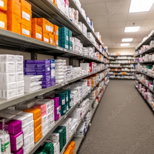 Wallpaper Mural A pharmacy aisle filled with neatly organized medication boxes on shelves. Torontodigital.ca