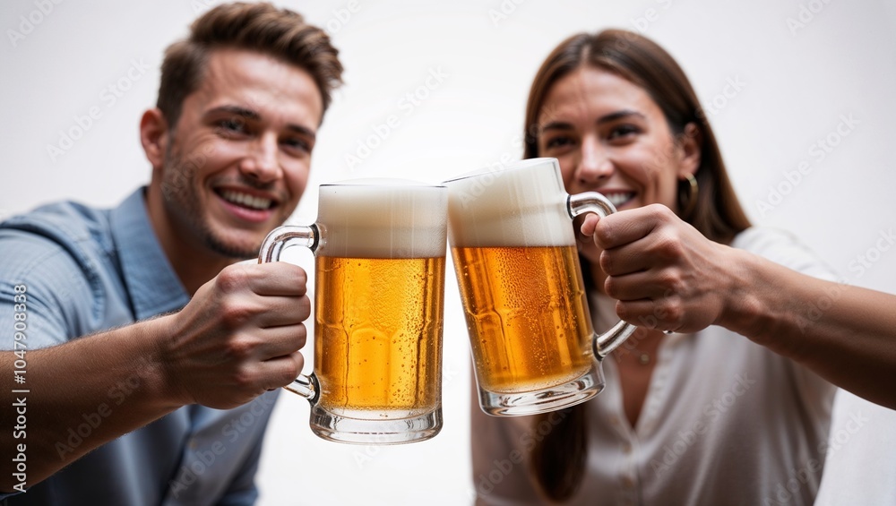 Two friends cheerfully toast beer mugs in joyful celebration. Two friends cheerfully toast beer mugs in joyful celebration.