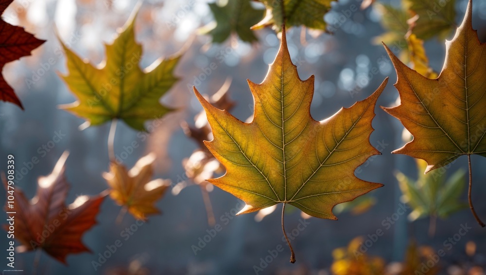 Maple leaves in warm colors gently floating against soft background. Maple leaves in warm colors gently floating against soft background.