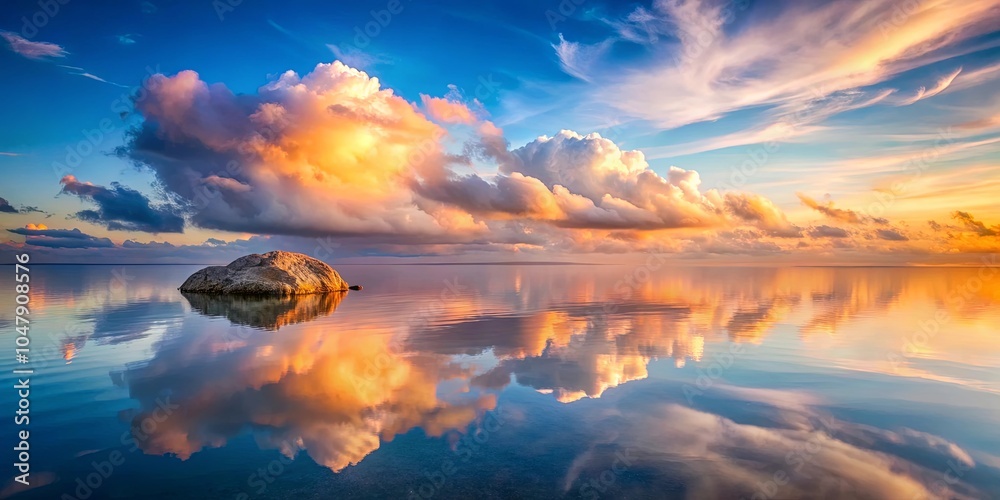Fototapeta premium A Solitary Rock Reflects the Serene Beauty of a Sunset Sky, Painting the Calm Waters with Hues of Orange and Blue