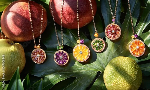 Colorful gemstone necklaces displayed among fruits and tropical leaves.